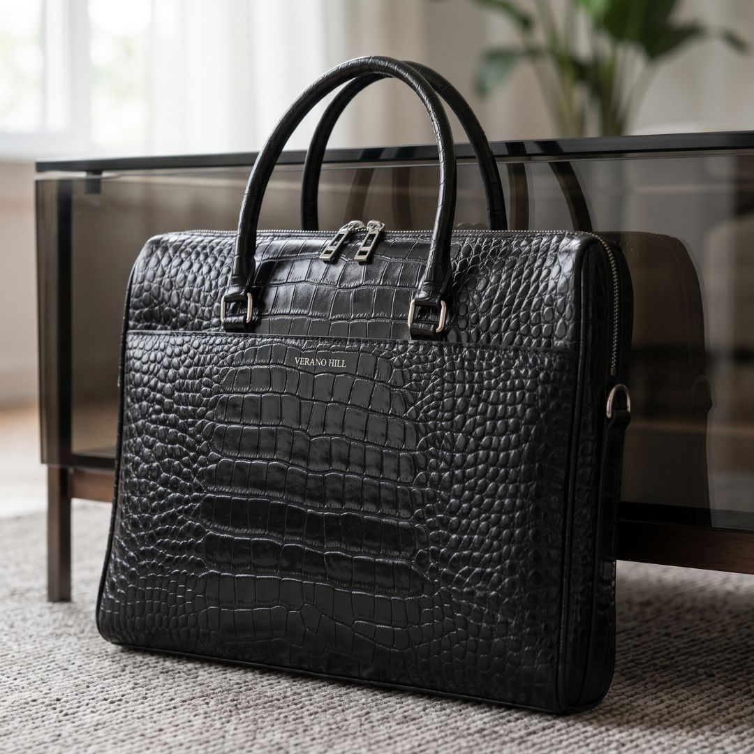Croc-Embossed Leather Briefcase