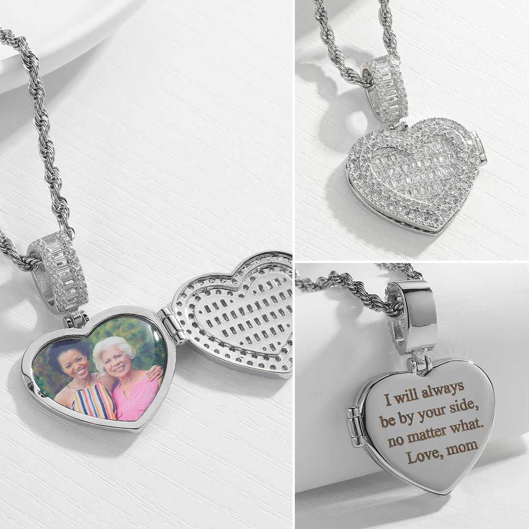 Scintillante medaglione a cuore con collana di foto personalizzate