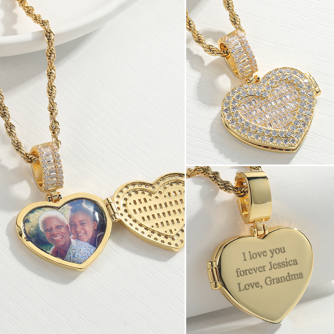 Scintillante medaglione a cuore con collana di foto personalizzate