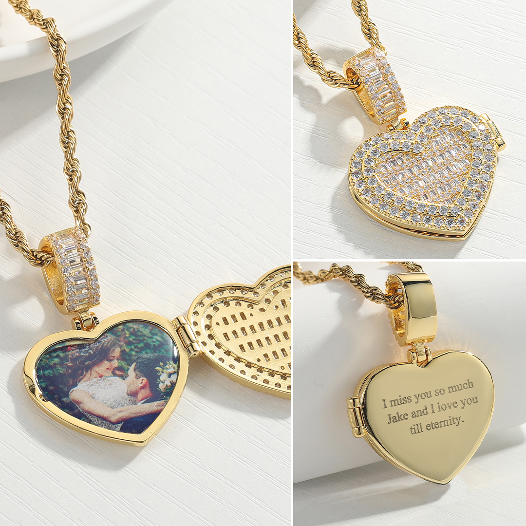 Scintillante medaglione a cuore con collana di foto personalizzate